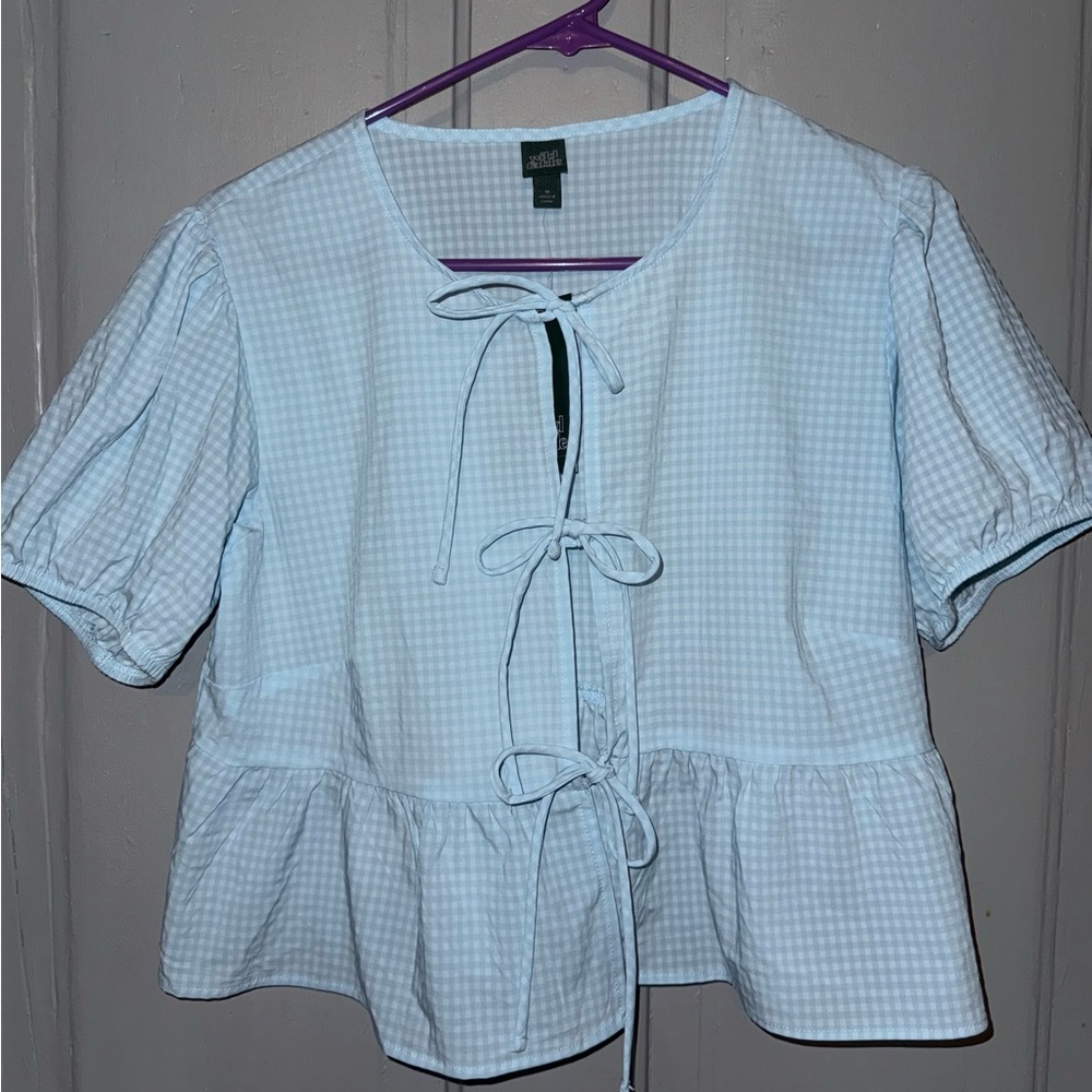 Wild Fable Light Blue Tie Front Gingham Top
